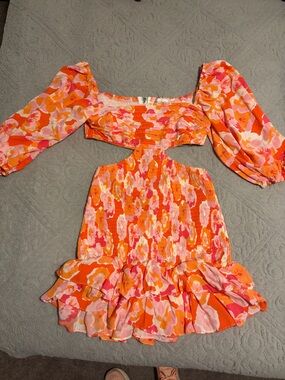 Hello Molly Orange & Pink Floral Cutout Mini Dress